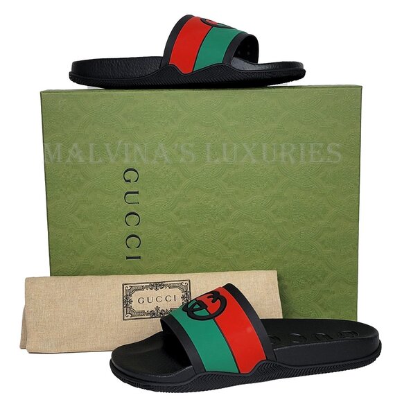 GUCCI SHOES MEN INTERLOCKING G LOGO RUBBER SLIDES w WEB STRIPE sz 9 / 9.5 - Picture 4 of 15